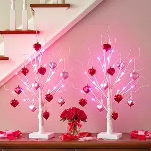 2-Pack Lighted Birch Tree Valentine's Day Decorations with Hanging Heart Ornaments, 24 Pink&Red LED Lighting, Battery-Operated Artificial Twig Tabletop Decor, for Home Indoor Table, Room Use