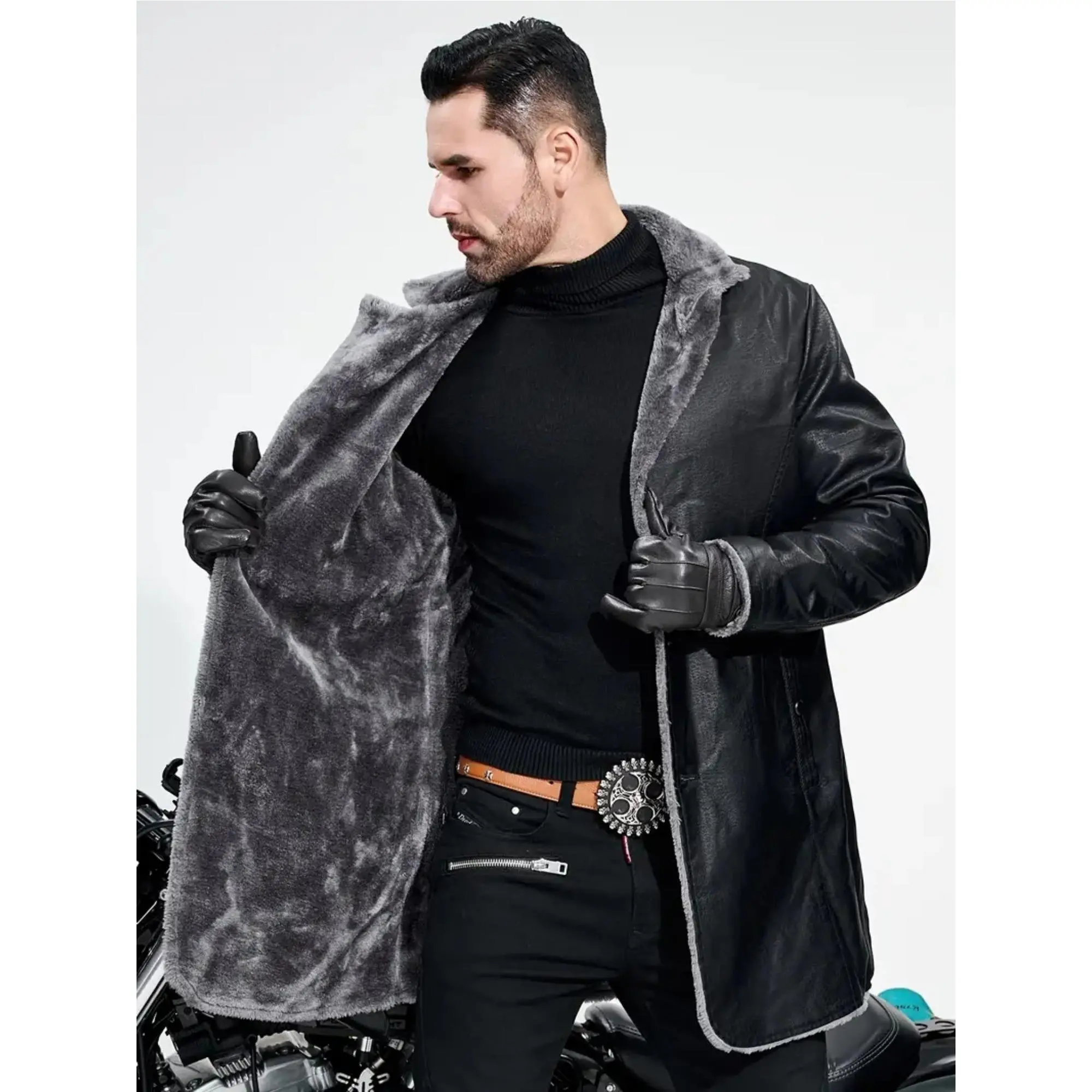 Men's Casual Biker Style Fashion Jacket in PU Leather, Warm Fleece-Lined Coat for Autumn Winter Streetwear, Casual Outdoor Outerwears, Streetwear Outerwear, Tops, Menswear, Casual Comfy Jacket