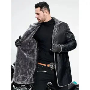 Men's casual warm PU leather jacket, chic fleece lined blazer biker jacket for autumn and winter business Hoodie Tops Long Sleeve Black Menswear Coats Motocross Beige Plain