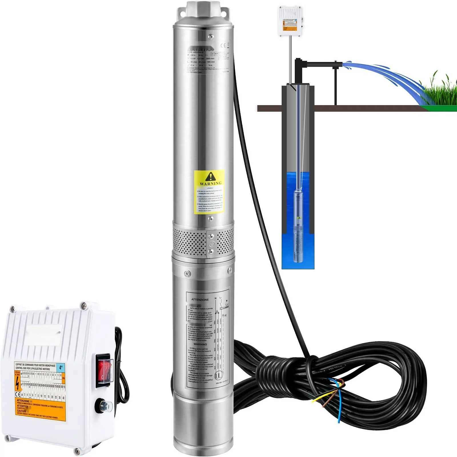 Deep Well Submersible Pump, 3 HP, 230 V, 60 Hz, 37 GPM, 640 Ft Head, 33 Ft Cord, External Control Box, 4-Inch Stainless Steel Water Pump For Industrial, Irrigation, And Home Use, IP68 Waterproof, Heavy Duty, Durable Motor