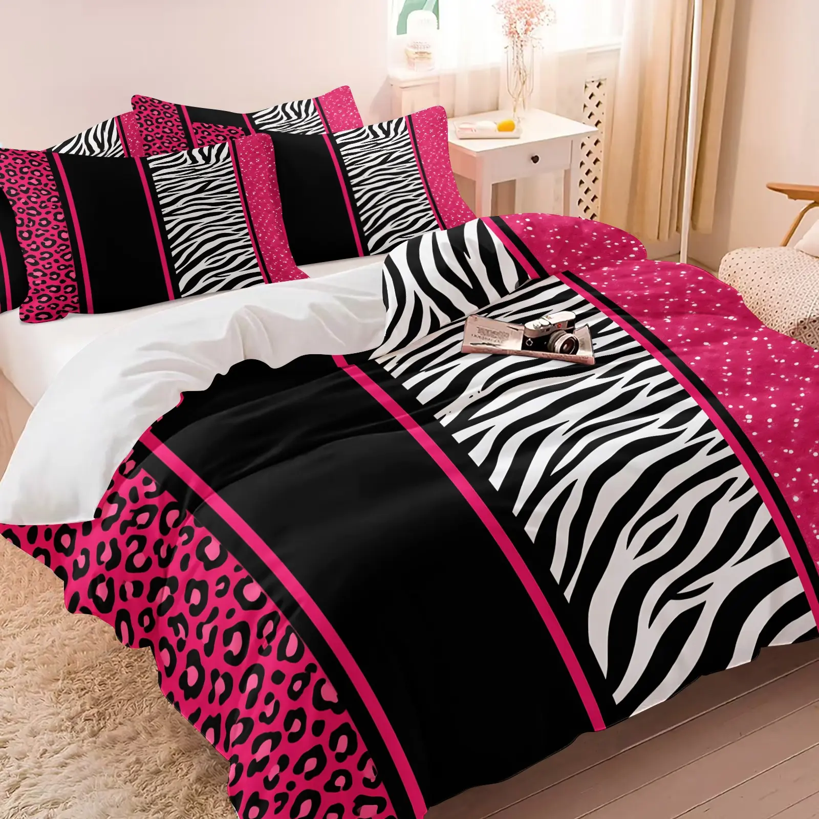 Y2K Black Pink Leopard Zebra Print Duvet Cover Set, 1 Duvet Cover + 1/2 Pillowcases, No Core, Retro Patchwork Animal Print Bedding, Soft, Comfortable & Breathable, Comfy Bedding Sets, All Seasons Use, Y2K Bedroom Decor, Decorative Duvet Cover