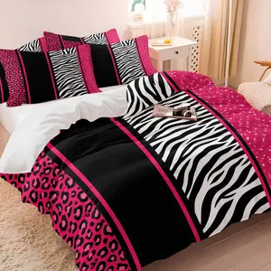Y2K Black Pink Leopard Zebra Print Duvet Cover Set, 1 Duvet Cover + 1/2 Pillowcases, No Core, Retro Patchwork Animal Print Bedding, Soft, Comfortable & Breathable, All Seasons Use, Y2K Bedroom Decor
