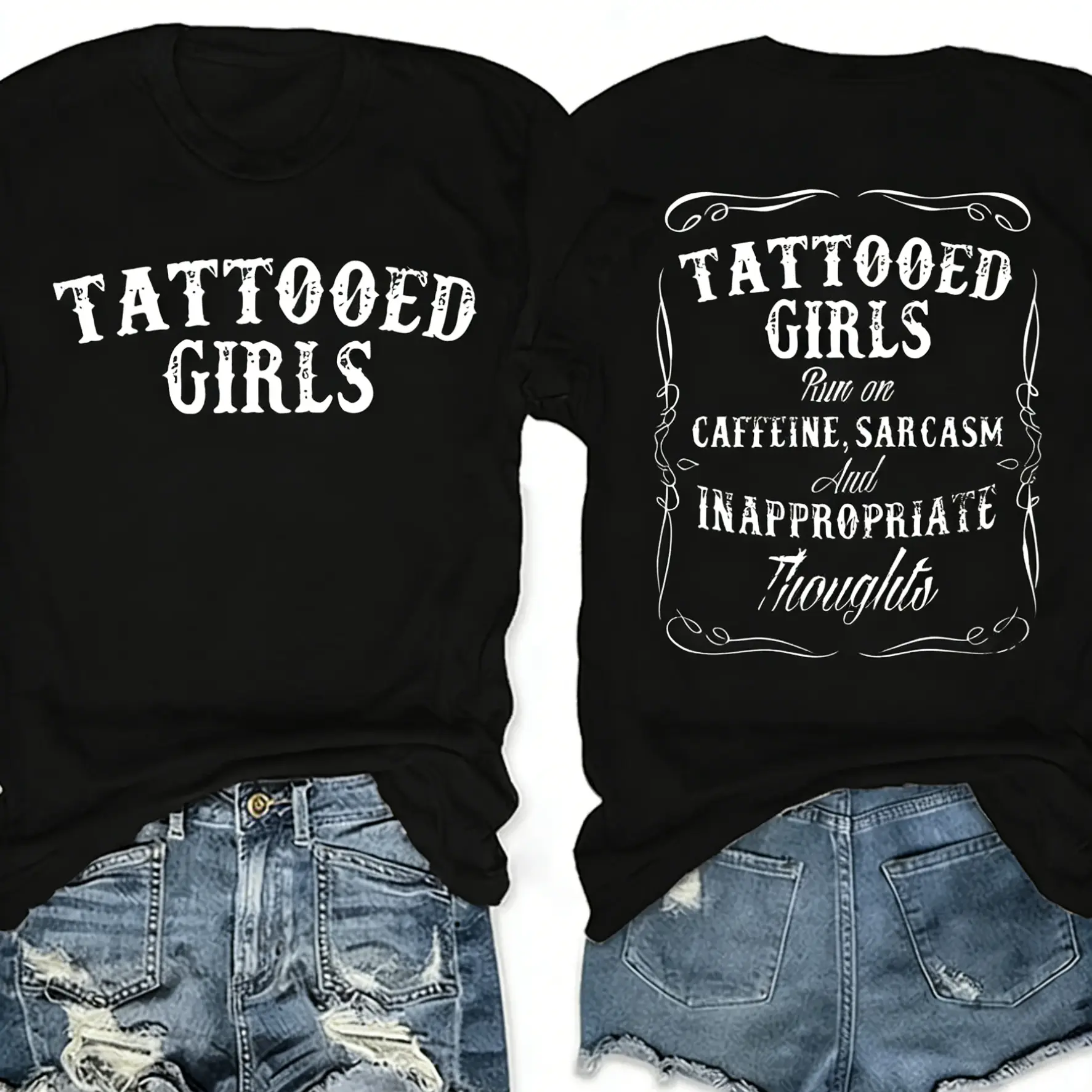 Women's Tattooed Girls Print Round Neck Tee, Vintage Trendy Casual Chic Minimalist Short Sleeve T-shirt for Daily Wear, Ladies Summer, Top, Streetwear, Womenswear