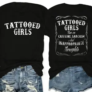Women's Tattooed Girls Print Round Neck Tee, Vintage Trendy Casual Chic Minimalist Short Sleeve T-shirt for Daily Wear, Ladies Summer, Top, Streetwear, Womenswear