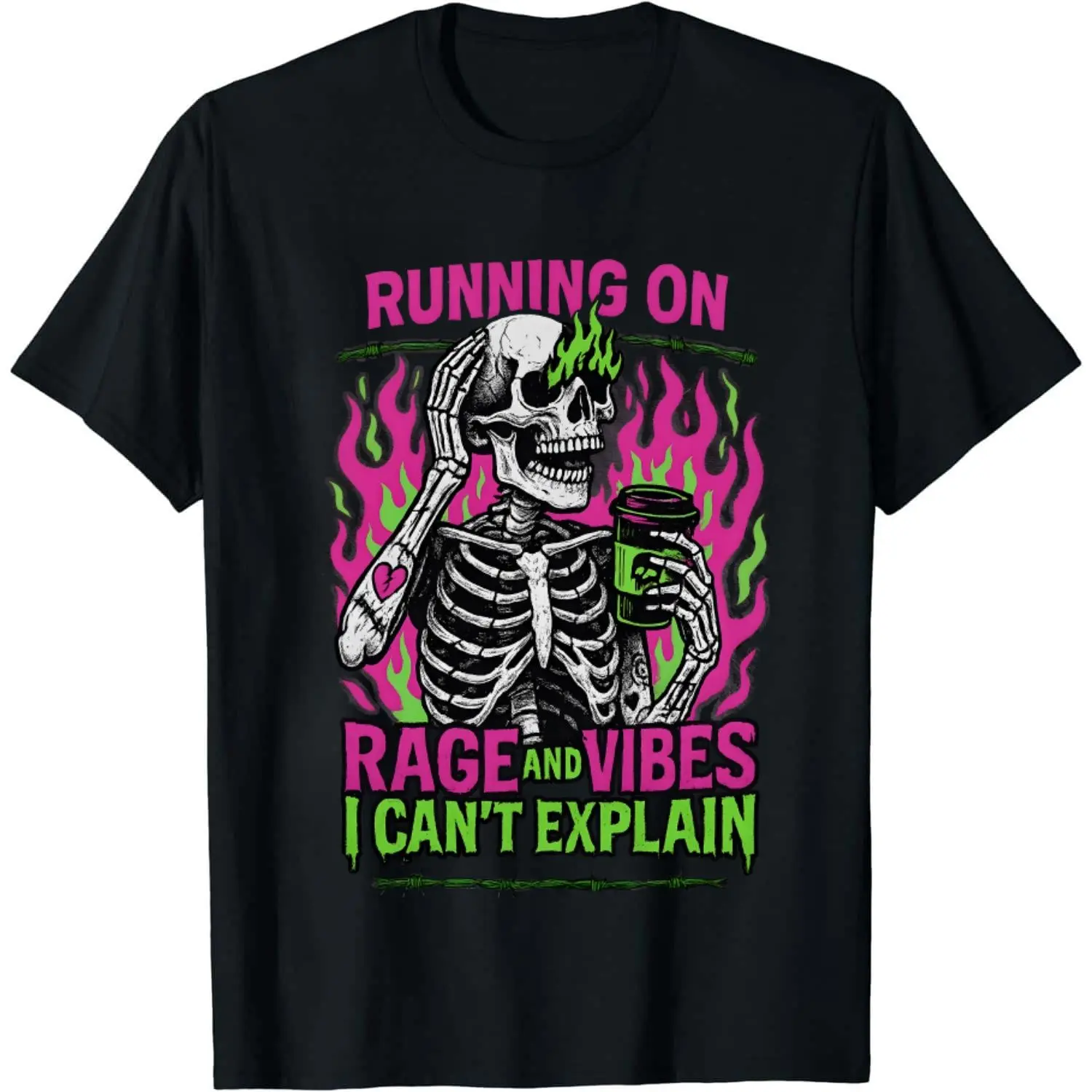 Men's Pure Cotton T-Shirt with Funny Retro "Rage and Caffeine" Skeleton Graphic, Soft Natural Fit for Casual Streetwear, Menswear