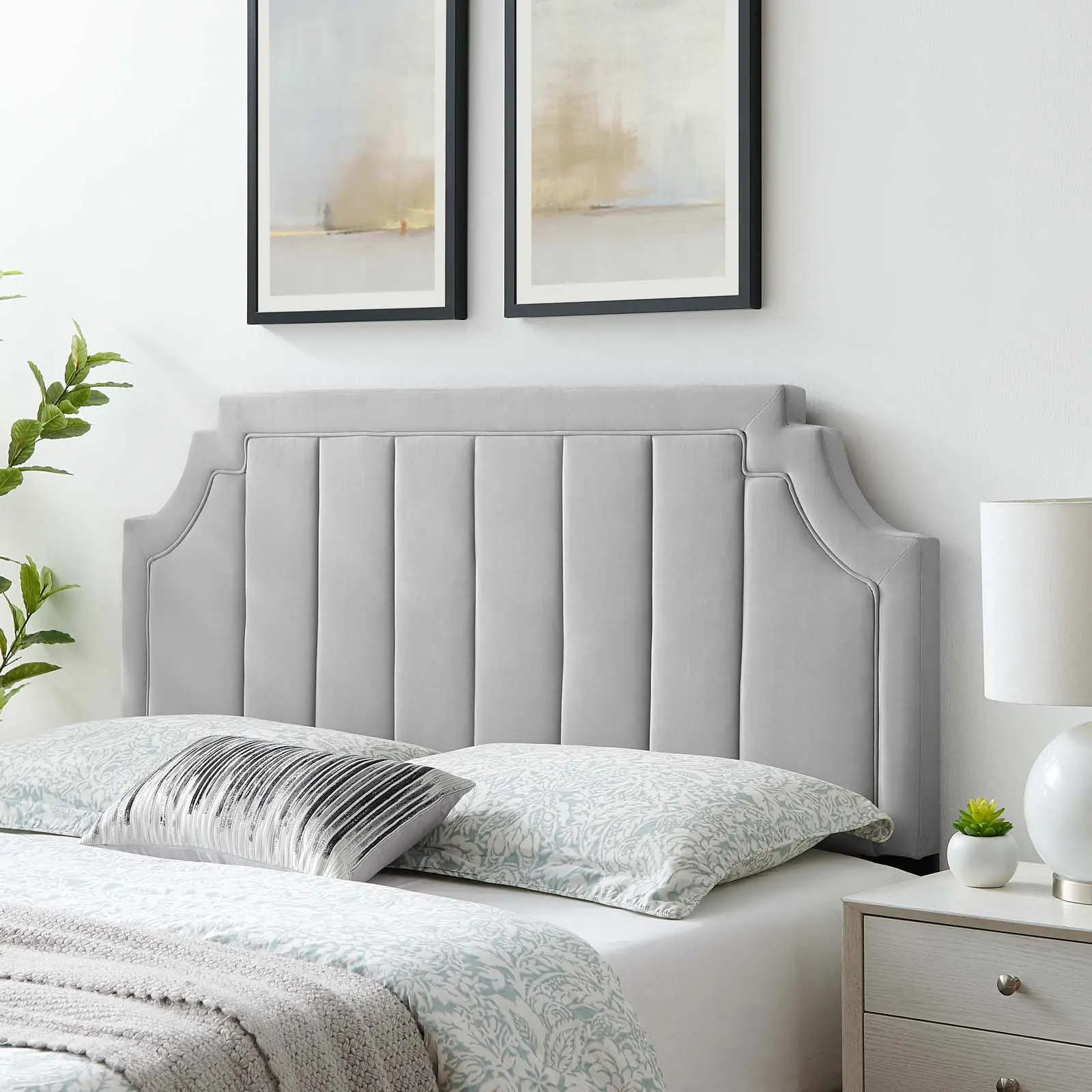 Modway Alyona Channel Tufted Performance Velvet Full-Queen Headboard, Light Gray - Modern Bedroom, Adjustable Bed Frame Compatible Headboards, Adjustable Bed Frame Headboards, Attachment Headboards
