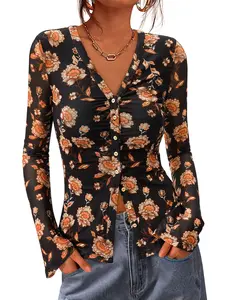 BTFBM Button Down Shirts for Women Fall Fashion 2026 V Neck Long Sleeve Blouse Ruched Mesh Fitted Floral Print Boho Tops