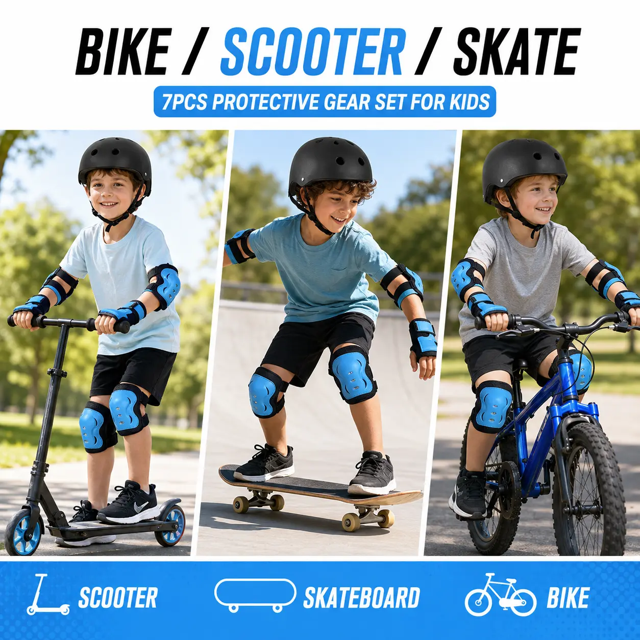 7-in-1 Kids Protective Gear Set – Adjustable Helmet & Knee/Elbow/Wrist Pads for Bike/Skateboard/Scooter – Ages 3-12