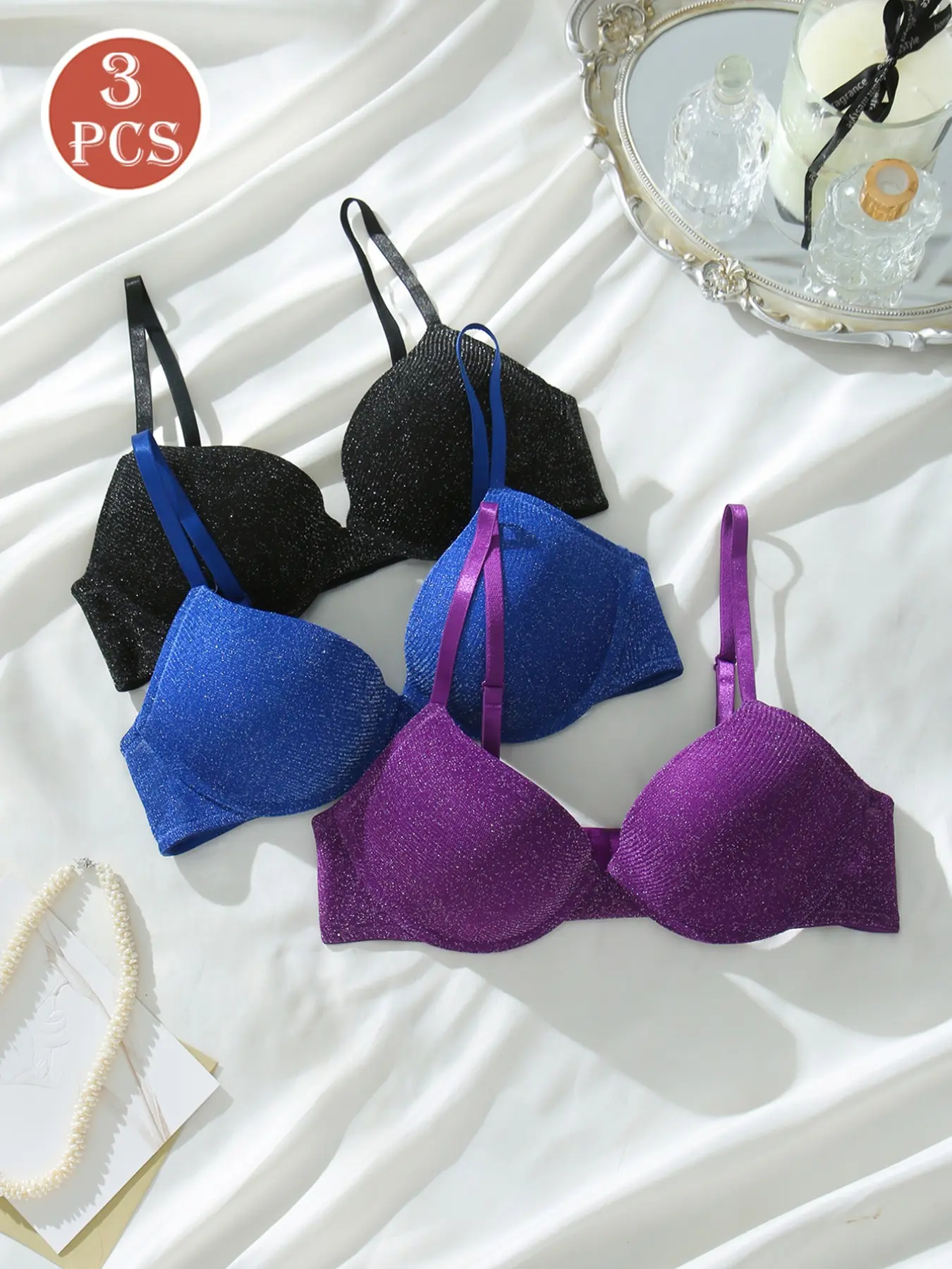 3-Pack Women's Unique Design Bras, Sequin Rhinestone Colorblock Straps, Comfortable Push-Up Sexy Bras, Lingerie for All Seasons