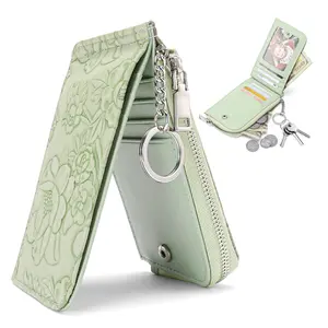 Small Credit Card Holder Wallet for Women RFID Leather Slim Wristlet Keychain Wallets With Zipper Pocket