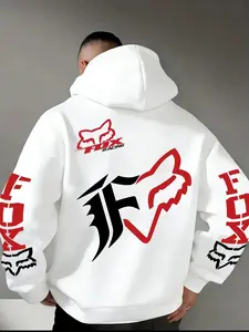 Fox Racing Pattern Hoodie with Eye-catching Red and White Logo Print, Street Style, Casual Street Fashion, Suitable for Casual Daily Wear and Outdoor Wear