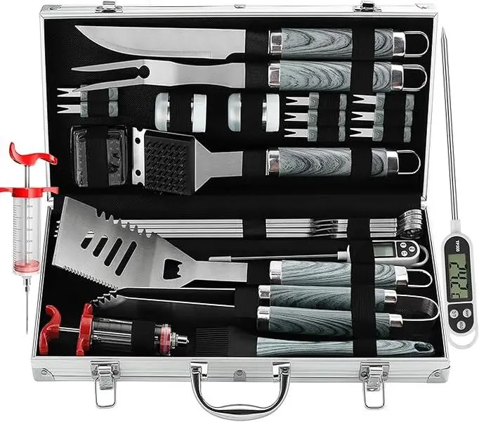 Grilljoy 24PCS Stainless Steel BBQ Grill Utensils Set - Extra Thick Fork, Spatula, Tongs, Grill Brush, Meat Thermometer, Injector - Portable Grey Kitchenware, Father's Day Dad Gift for Men, Portable Grey Kitchenware campingessentials