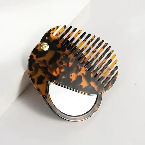 Portable Acetate Oval Mirror Comb, Anti-Static Wide Tooth Detangling Hair Brush, Detangler Brush, Travel Hairbrush, Sliding Cover, Hair Tool, Suitable for Daily Use and Outdoor Carry
