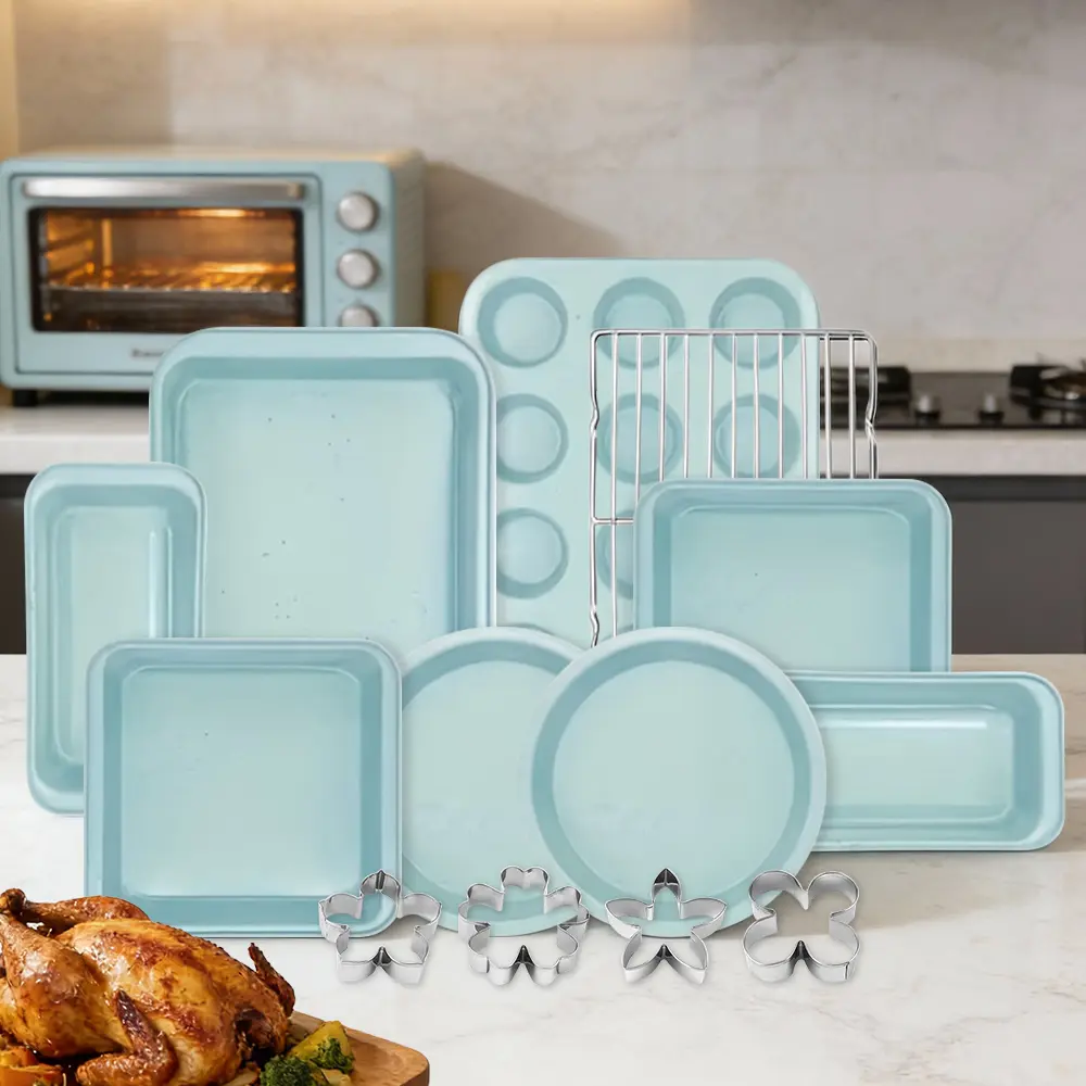 13-Piece Non-Stick Carbon Steel Bakeware Set - Shaped Baking Pans, Cookie Cutters, Textured Coating Cooling Rack, Anti-Warp Performance, Stackable, Even Heat Distribution, Easy-Clean Kitchen Supplies for Home Baking Beginners, Oven-Compatible