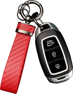 Carbon Fiber Keychain Genuine Leather Key Fob Car Accessories Anti-Lost D-Ring Red Sport Style Durable Multifunctional Gift