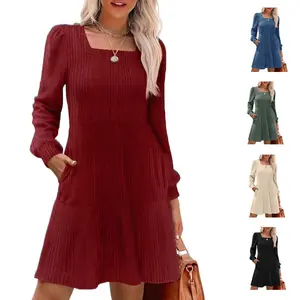 WIHOLL Womens Square Neck Long Sleeve Fall Dresses Casual Babydoll Sweater Dress