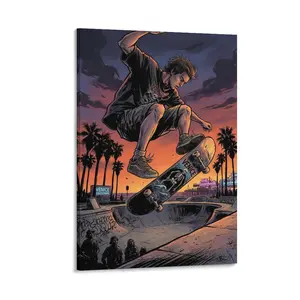 2D Printed Frameless Canvas Art, Retro Comic Skateboarder at Venice Skatepark Sunset, Colorful Wall Decor for Home, Living Room, Bedroom, Office, Bar