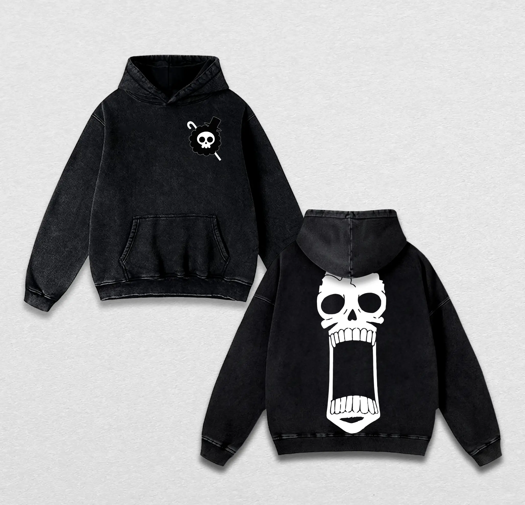 Brook Skull Washed Hoodie & Vintage Tee – Oversized OP Streetwear with Soul King Skeleton Graphic, Heavy Cotton Anime Retro Gift