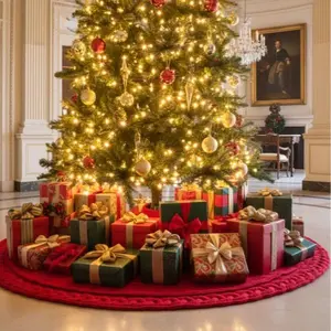 48 Inch Christmas Tree Skirt Cable Knit for 7.5FT Tree Wine Red Vintage Rustic Farmhouse Decorations with Led Lantern Ball Lights Star Light