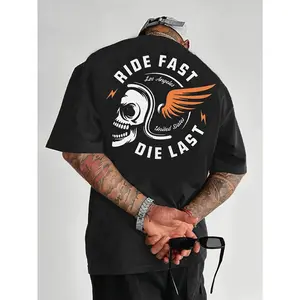 Men'S Ride Fast Skull Graphic T-Shirt - Black Casual Summer Tee Featuring a Striking "RIDE FAST" Print And Wing Design, Short Sleeve Crew Neck for Adults, Casual Wear for Grown-Ups |   Trendy Casual Top |   Opaque Fabric