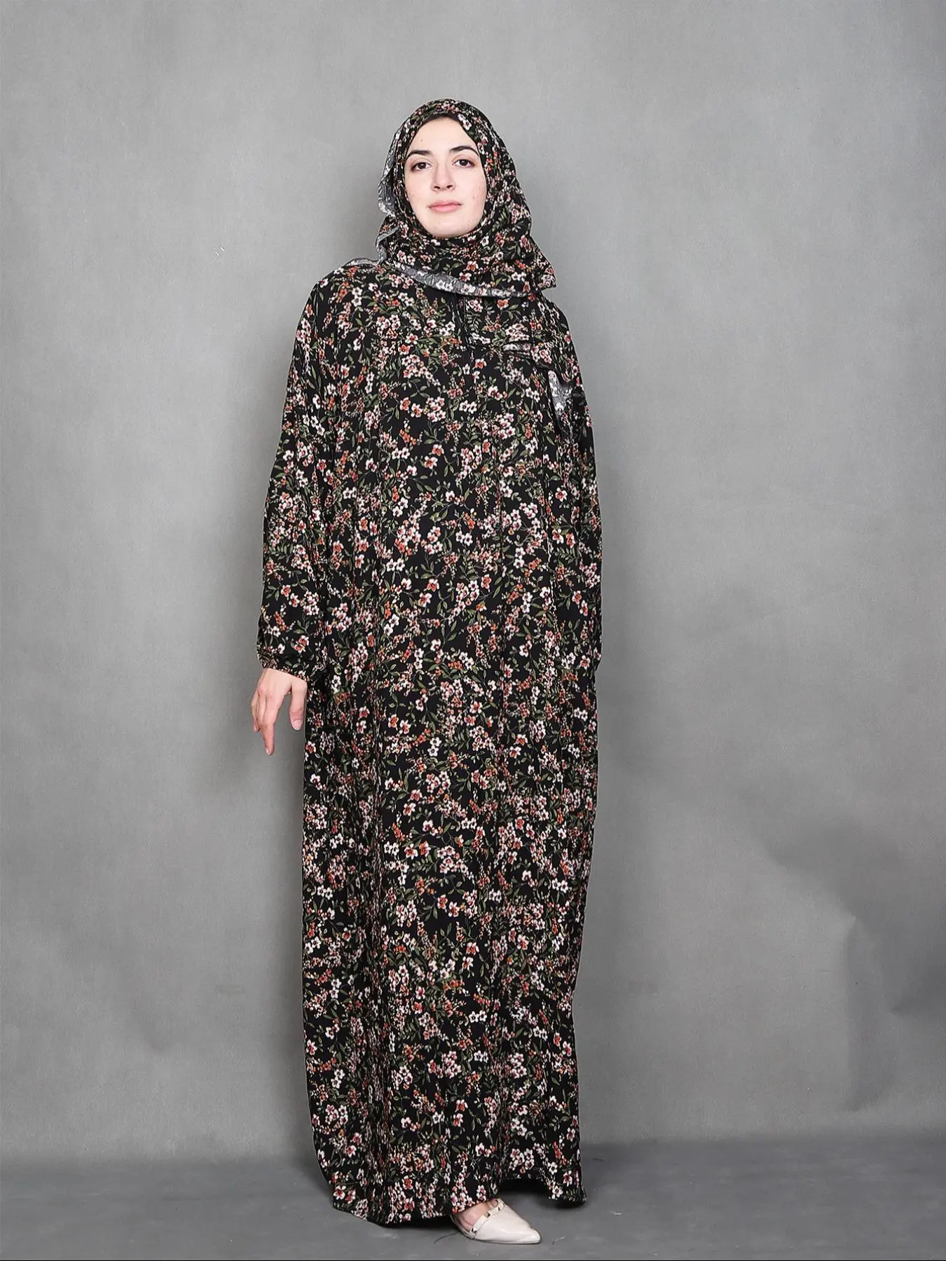 Women's Ditsy Floral Print Long Sleeve Maxi Prayer Dress with Hijab, For Muslim Modest Casual Maxi Dress  for Daily Wear, Modest Dresses, Modest Style, Ladies Islamic Clothing for All Seasons, Modesty Muslim Clothing