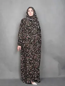 Women's Ditsy Floral Print Long Sleeve Maxi Prayer Dress with Hijab, Modest Casual Maxi Dress  for Daily Wear, Ladies Islamic Clothing for All Seasons