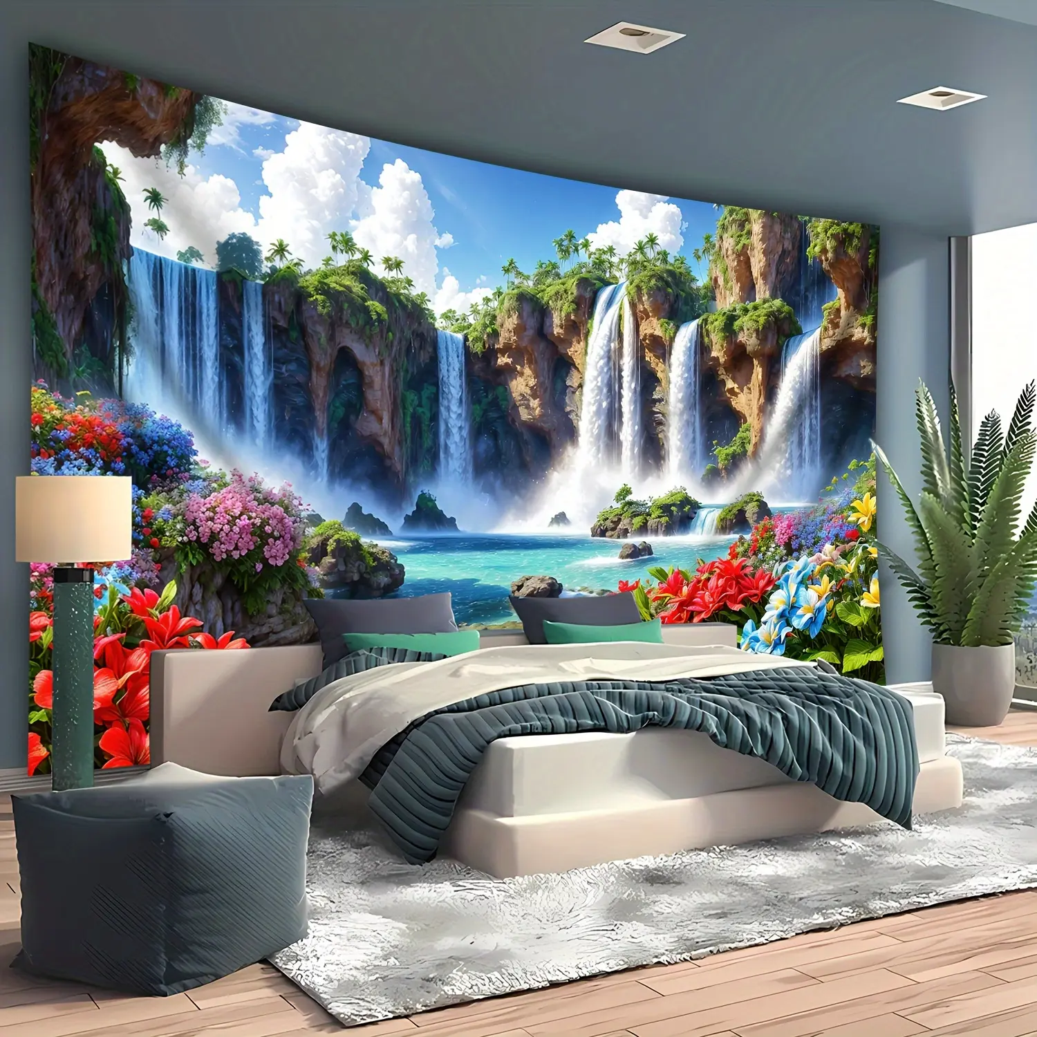 Extra Large Landscape Waterfall Floral Tapestry - Vibrant Polyester Hanging Cloth, Easy Installation, Room Art for Living Room, Bedroom, Serene Ambiance, Peach Light Beige Texture