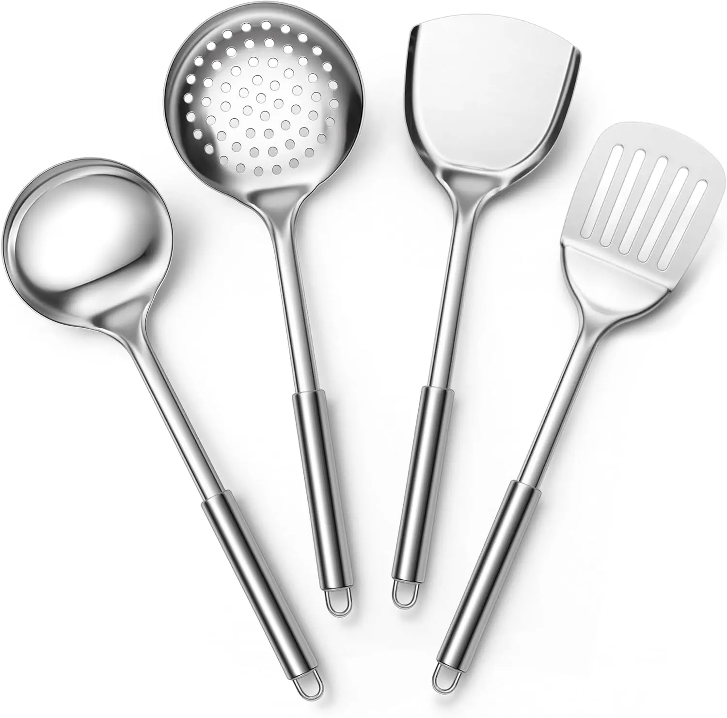 4-Piece Stainless Steel Kitchen Utensil Set, Includes Soup Ladle, Skimmer, Wok Spatula and Slotted Turner, Heat-Resistant Cooking Tools for Stir-Frying, Soups and Daily Cooking