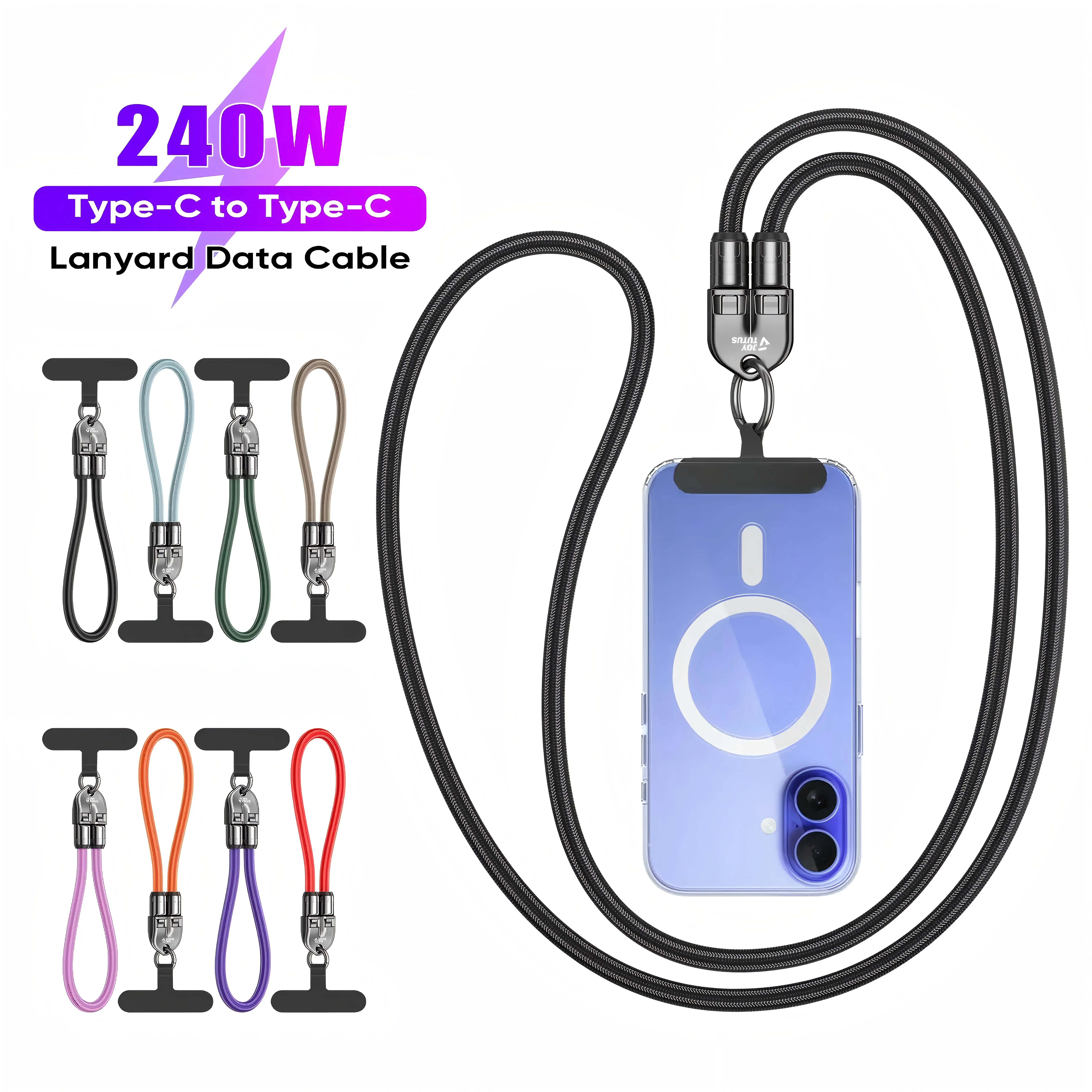 【Summer Survival】Joytutus 240W USB-C Fast Charging Lanyard - 7mm Nylon Crossbody Strap, 4-ft Smartphone Charger Cable, Compatible with iPhone 16/15, Samsung, Pixel, Earphones & Mobile Metal Devices