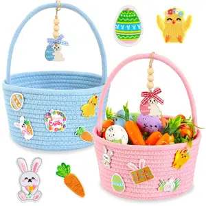 Easter Baskets, Easter Bucket with 10 Bunny Embroidery Patches, 2  Blue Fabric Baskets, 2 Name Tags, Bunny Storage Basket for , Easter Egg Hunt Easter Gifts Party Decor 7.5 * 4 Inches