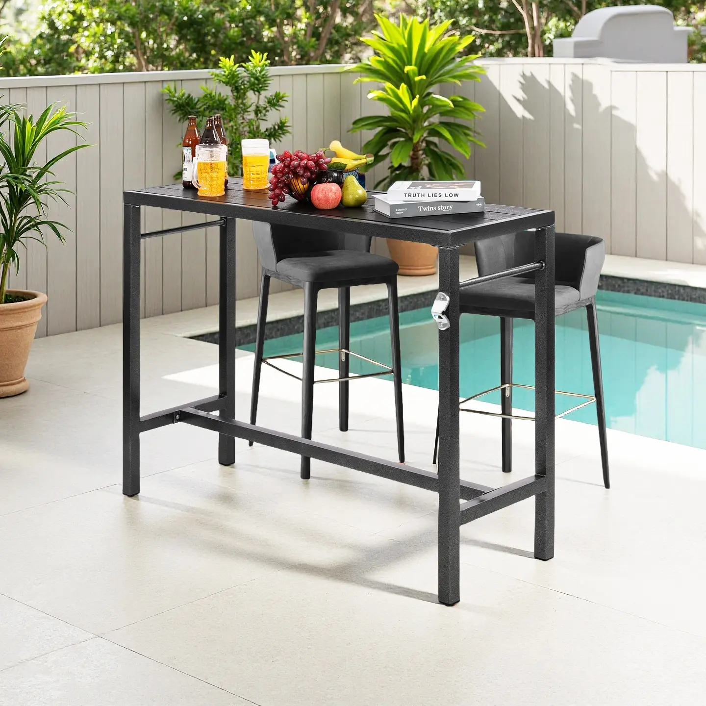 Waterproof Bar Height Table with Bottle Opener – Rectangular Pub Table, Perfect for Dining Room, Kitchen, Pool Deck, Lawn, Courtyard, Weather Resistant summerwins Outdoor Patio Furniture coffee table homeessentials