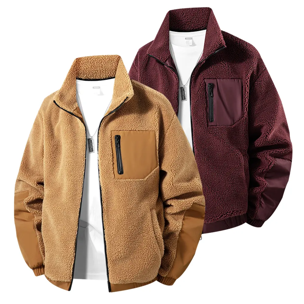 Men's Color Block Sherpa Jacket - Polyester Clothes, Patchwork Teddy Fleece, Stand Collar Zip Coat, Thermal Winter Outerwear, Windproof, Machine Wash, Oversized Street Hip Hop Casual Top