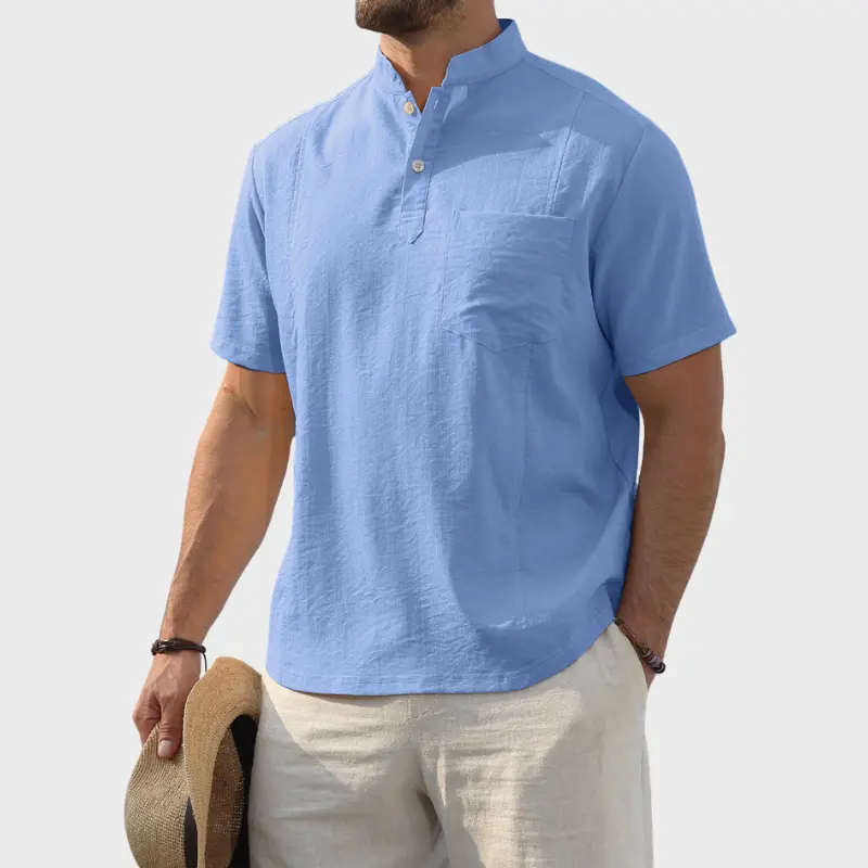 Wizoat Men's Henley Shirt Short Sleeve Band Collar Casual Tee Shirt Summer Outdoor Beach T-Shirt Chinese-Style Stand-Collar Polo Shirt Tang Suit Tai Chi Uniform Hanfu Kung Fu Attire Beige Tropical