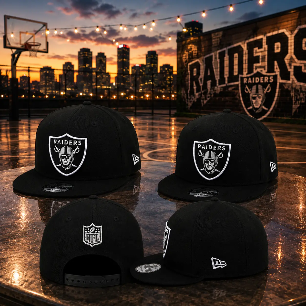 Las Vegas Raiders New Era 9FIFTY Snapback Hat – Black Flat Brim Adjustable NFL Cap, Classic Raiders Shield Logo, Premium Streetwear for Men & Women