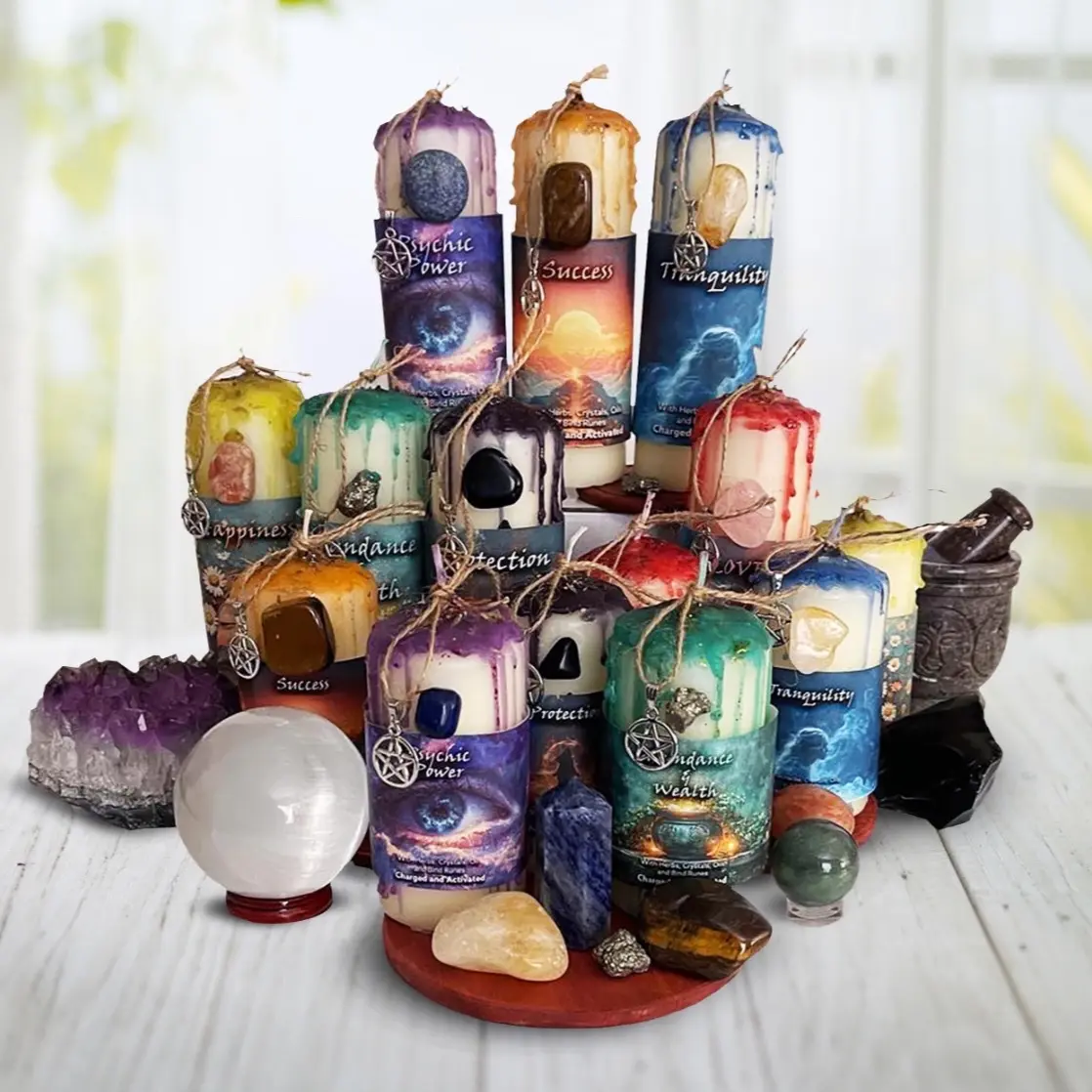 UnaLunaMoona Hand-Poured Intention Candles with Crystals, Herbs & Oils with Bindrunes inscripted - for Various Intentions, Unique Design for Magic, Altar, Rituals - Decor, Ornaments - Handmade candles
