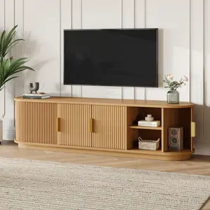 【Bellemave】 Farmhouse Wooden TV Stand with Sliding Tambour Door for TVs up to 75", Fluted Media Console with Adjustable Storage, Golden Handle TV Cabinet with Cable holes for Living Room, Natural