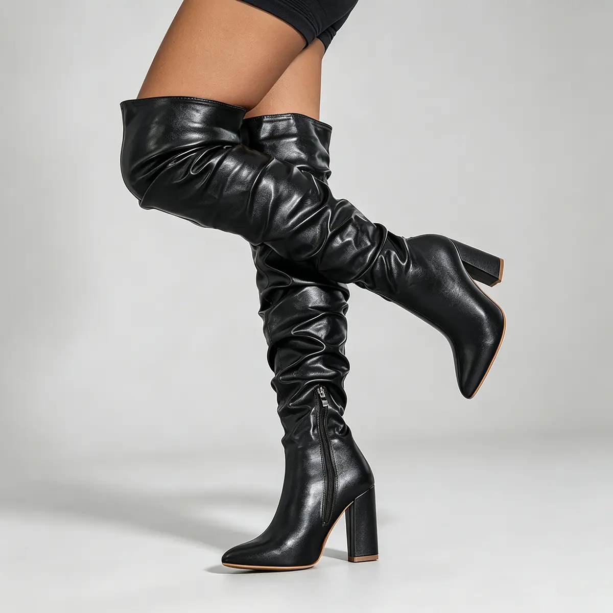 Slouchy Ruched Over The Knee Boots Women Pointed Toe Chunky Block Heel Leather Thigh High Boots Side Zipper Fashion Night Out Tall Boots Black White Two Colors