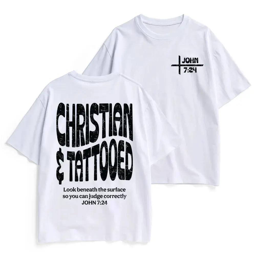 Unisex Christian T-Shirt with John 7:24 'Tattooed' Graphic Art, Vintage Distressed Print, Soft Cotton Casual Short Sleeve Top for Men and Women, Clothes, Prints, Menswear, Zodiac, Shortsleeve, Fashion, Graphic Tees, Chinese, T-Shirt-White