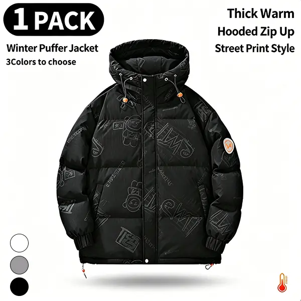 Men's Puffer Jacket with Streetwear Graffiti Print, Hooded Windproof Padded Winter Outerwear Tops, Menswear, Long Sleeve, Stylish, Party, Adjustable
