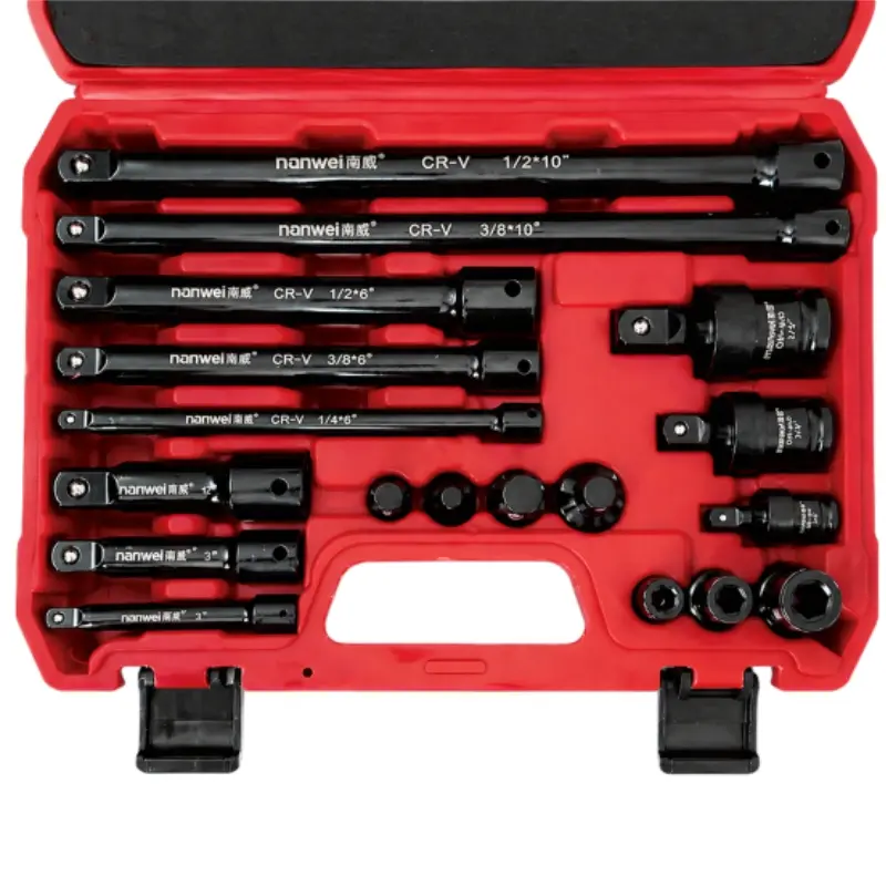 NANWEI 18PCS Mechanic Tools Wrench Extension & Socket Sets - 1/4"-3/8"-1/2" Drive Impact Extender Bars (3"-6"-10"), 360° Swivel Universal Joints, Hex Couplers, CR-V/CR-MO Steel, Red Storage Case for Impact Wrenches, Ratchets