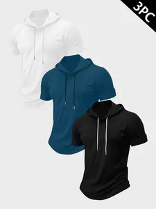 Men's 3-Pack Short Sleeve Hooded Workout Shirts, Gym Workout Clothes, Gym Apparel, Gym Sportswear, Quick Dry Activewear Fitness Athletic Gym Tops, Slim Fit Curved Hem Casual Hoodie Tees for Training, Running, Fitness #tiktokmademebuyit