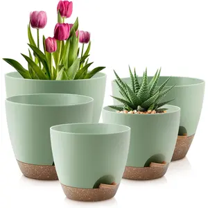 Pots 10/9/8/7.5/7 Inch Self Watering Pots, Set of 5 Plastic Planters with Drainage Holes and Saucers,Plastic Flower Pots, Planting Pot for Indoor Out Door (Green)