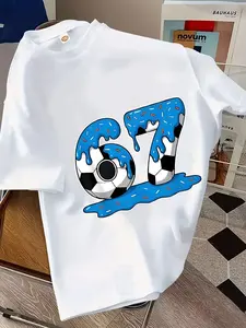 Summer Fashion Boy Casual Short Sleeve, Football 67 Number Pattern Design, Outdoor Wear, Loose-Fitting T-Shirt