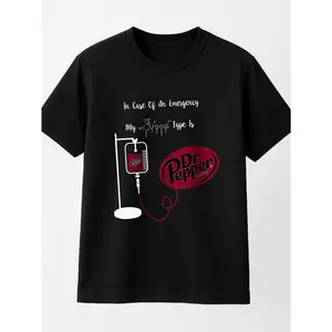funny graphic tee Women's Minimalist Dr Pepper Blood Type Regular Fit Short-Sleeve Crew Neck Round Neck Solid T-Shirt - Black, Casual Unisex Top, Comfortable Breathable Fabric, Everyday Wear, Made In USA,summervibes