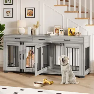 Large Wooden Double Dog Crate Furniture for 2 Dogs – Heavy Duty Indoor Kennel with Storage Drawers & Divider, Decorative Pet House End Table & TV Stand, Eucalyptus & Oak Finish, Enclosure, Wooden Crates, Convertible Use,summervibes