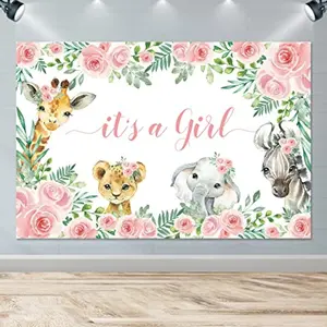 Baby Shower Banner Decoration, Jungle Animal Theme Party Supplies, Girl Background, Wildlife Photo Booth Backdrop, Pull Flag Banner