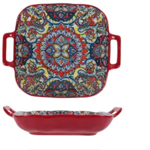 Bohemian Style Ceramic Plates with Handles, Vibrant Floral and Geometric Patterns, Oven and Microwave Safe, Multicolor Dinnerware Set