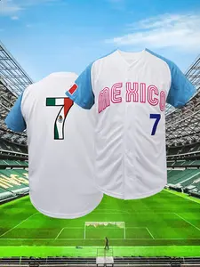 Men's Colorblock Letter Embroidery Baseball Jersey, Stylish Jersey, MEXICO Style, Casual Breathable Short Sleeve Button Front Baseball Top for Training & Competition, Sportswear for Men Women, Athletic Tops