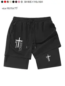 Teen Boys Cross Print Drawstring Waist Mesh Shorts, Dual Layer Multi-Functional Casual Wear, Spring Summer, Perfect Gift, Breathable Printed Shorts, Casual Comfy Shorts