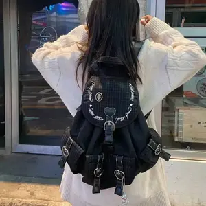 New jean Korean Style Black Backpacks Drawstring Casual Students Bag Chic Large Capacity Tote Bag Heart Y2k Plaid Backpack Girls